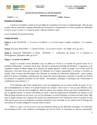 Première page de Français Tle A2, Tle D — 2e devoir surveillé, 2e semestre (2022-2023) · CEG SEKERE