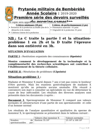 Première page de SVT 2nde D — 1er devoir surveillé, 1er semestre (2019-2020) · PMB