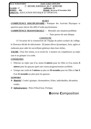 Première page de Anglais 3e, 3e ML — 1er devoir surveillé, 1er semestre (2018-2019) · CEG Tchatchou