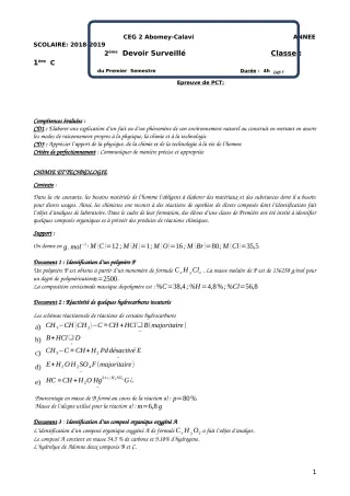 Première page de PCT 1ère C — 2e devoir surveillé, 1er semestre (2018-2019) · CEG2 ABOMEY - CALAVI (CEG ZOCA)