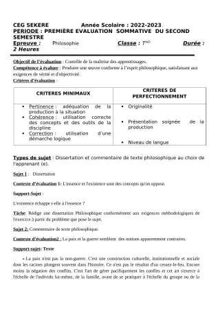 Première page de Philosophie Tle D — 1re évaluation sommative, 2e semestre (2022-2023) · CEG SEKERE