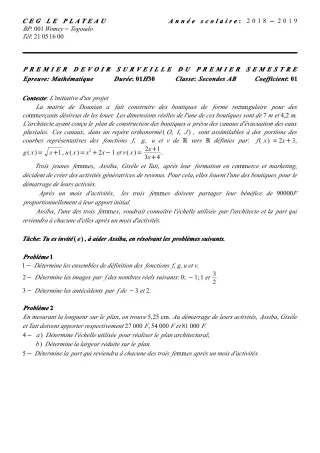 Première page de Mathématiques 2nde A & B — 1er devoir surveillé, 1er semestre (2018-2019) · CEG Le Plateau