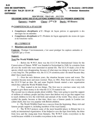 Première page de Anglais 2nde C, 2nde D — 2e évaluation sommative, 1er semestre (2019-2020) · CEG Dantokpa