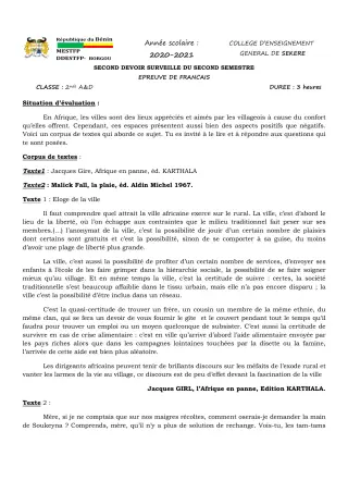 Première page de Français 2nde A2, 2nde D — 2e devoir surveillé, 2e semestre (2020-2021) · CEG SEKERE