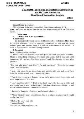 Première page de Anglais 3e — 2e évaluation sommative, 2e semestre (2018-2019) · CEG Kpanroun