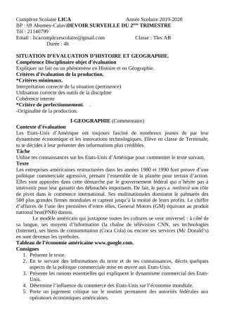 Première page de Histoire-Géographie Tle A2, Tle B — Devoir surveillé, 2e trimestre (2019-2020) · CPEG LICA