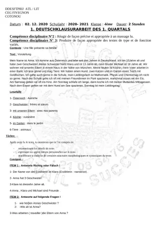 Première page de Devoir surveillé de ALLEMAND — 4e ML — CEG FIYEGNON (2020)