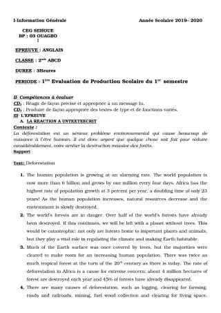 Première page de Anglais 2nde A1, 2nde A2, 2nde C, 2nde D — 1re production scolaire, 1er semestre (2019-2020) · CEG SEHOUE