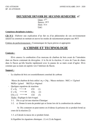 Première page de PCT 4e — 2e devoir surveillé, 2e semestre (2019-2020) · CEG Attogon