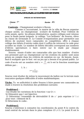 Première page de Mathématiques Tle D — Devoir surveillé (2022-2023) · CEG SEKERE