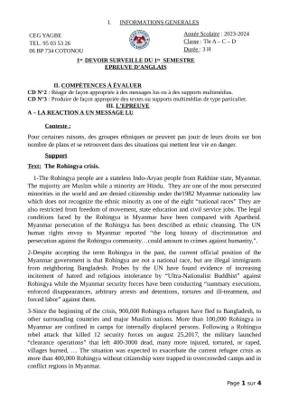 Première page de Anglais Tle A1, Tle A2, Tle B, Tle C, Tle D — 1er devoir surveillé, 1er semestre (2023-2024) · CEG Yagbe