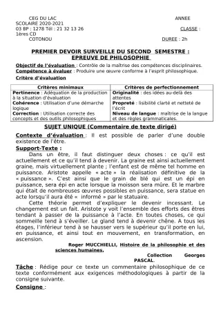 Première page de Philosophie 1ère C, 1ère D — 1er devoir surveillé, 2e semestre (2020-2021) · CEG du Lac