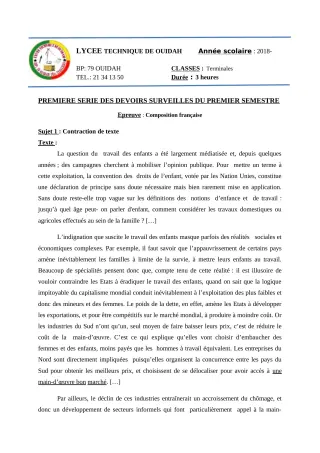 Première page de Français Tle BTP, Tle DPB, Tle EL, Tle F1, Tle F2, Tle F3, Tle F4, Tle G1, Tle G2, Tle G3, Tle OG — 1er devoir surveillé, 1er semestre (2018-2019) · LT Ouidah