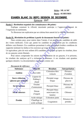 Première page de BEPC 2026 – SVT , Bepc blanc décembre 2025 (villosités intestinales, glycémie et analyses médicales)
