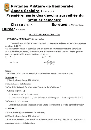 Première page de Mathématiques Tle A — 1er devoir surveillé, 1er semestre (2019-2020) · PMB