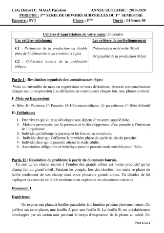 Première page de SVT 5e — 1er devoir surveillé, 1er semestre (2019-2020) · CEG Hubert C. MAGA