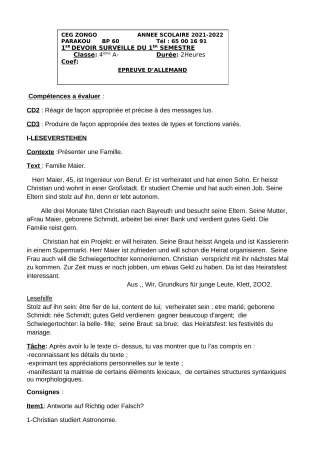Première page de Allemand 4e ML, 3e, 2nde A2, 2nde B, 1ère A1, 1ère A2, 1ère B, Tle A1, Tle A2, Tle B — 1er devoir surveillé, 1er semestre (2021-2022) · CEG ZONGO