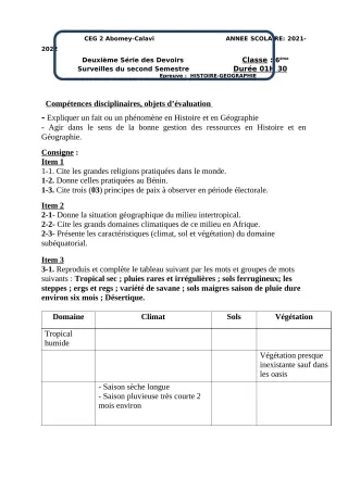 Première page de Histoire-Géographie 6e — 2e devoir surveillé, 2e semestre (2021-2022) · CEG2 ABOMEY - CALAVI (CEG ZOCA)