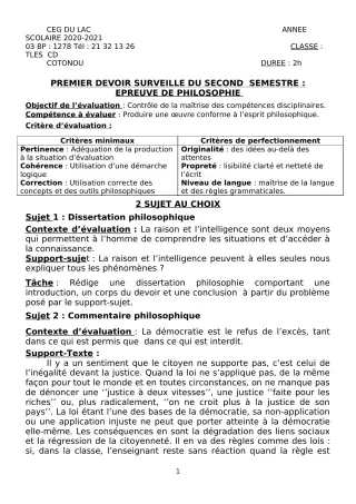Première page de Philosophie Tle C, Tle D — 1er devoir surveillé, 2e semestre (2020-2021) · CEG du Lac