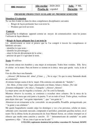 Première page de Espagnol 3e ML — 1re production scolaire, 1er semestre (2020-2021) · CEG ONIGBOLO