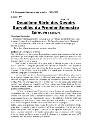 Première page de Français 3e, 3e ML — 2e devoir surveillé, 1er semestre (2019-2020) · CEG Agassa Godomey