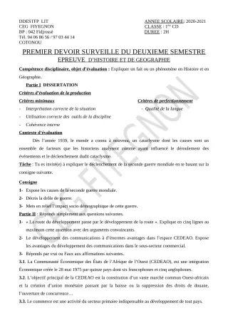 Première page de Histoire-Géographie 1ère C, 1ère D — 1er devoir surveillé, 2e semestre (2020-2021) · CEG FIYEGNON