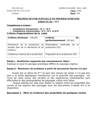 Première page de SVT 4e — 1er devoir surveillé, 1er semestre (2019-2020) · CEG du Lac