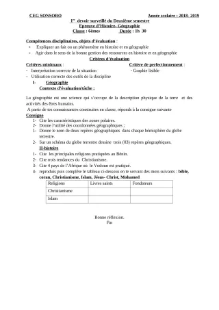 Première page de Histoire-Géographie 6e — 1er devoir surveillé, 2e semestre (2018-2019) · CEG SONSORO