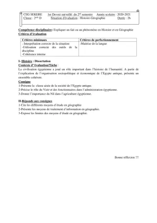 Première page de Histoire-Géographie 2nde D — 1er devoir surveillé, 2e semestre (2020-2021) · CEG SEKERE