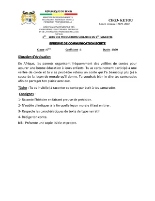Première page de Français 6e, 5e, 4e, 3e, 2nde A2 — 2e production scolaire, 2e semestre (2021-2022) · CEG 3 Kétou