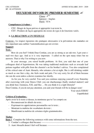 Première page de Anglais 4e, 4e ML — 2e devoir surveillé, 1er semestre (2019-2020) · CEG Attogon