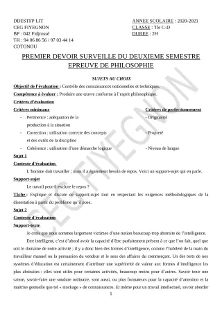 Première page de Philosophie Tle C, Tle D — 1er devoir surveillé, 2e semestre (2020-2021) · CEG FIYEGNON