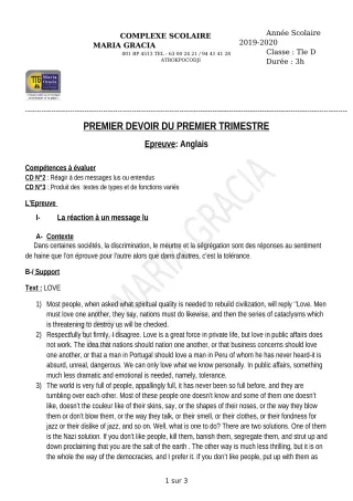 Première page de Anglais Tle D — 1er devoir surveillé, 1er trimestre (2019-2020) · CPEG MARIA GRACIA