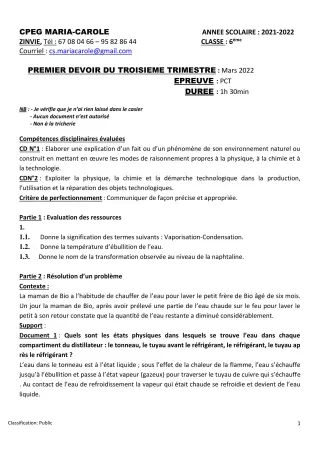 Première page de PCT 6e — 1er devoir surveillé, 3e trimestre (2021-2022) · CPEG MARIA-CAROLE