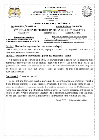 Première page de SVT 4e — Production scolaire, 1er semestre (2023-2024) · CPEG LA RELEVE