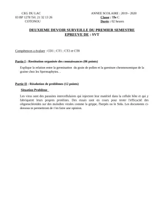 Première page de SVT Tle C — 2e devoir surveillé, 1er semestre (2019-2020) · CEG du Lac