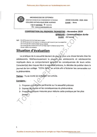 Première page de Communication écrite 3ème – Composition du 1er trimestre 2025-2026 – Article sur la sexualité précoce et ses conséquences – Collège Catholique Père Aupiais