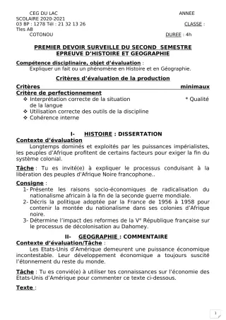 Première page de Histoire-Géographie Tle A2, Tle B — 1er devoir surveillé, 2e semestre (2020-2021) · CEG du Lac
