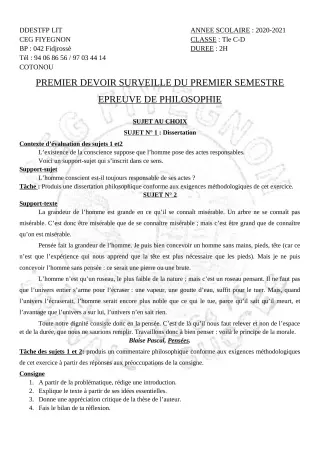 Première page de Philosophie Tle C, Tle D — 1er devoir surveillé, 1er semestre (2020-2021) · CEG FIYEGNON