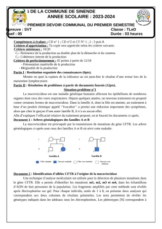 Première page de SVT Tle D — 1er devoir surveillé, 1er semestre (2023-2024) · CEG SEKERE