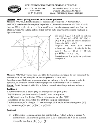 Première page de Mathématiques 1ère C — Devoir surveillé, 1er semestre (2023-2024) · CEG 1 Comè