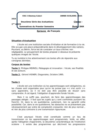Première page de Français 1ère A & B — 2e évaluation sommative, 1er semestre (2023-2024) · CEG2 ABOMEY - CALAVI (CEG ZOCA)