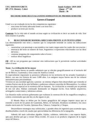 Première page de Espagnol 2nde A & B — 2e évaluation sommative, 1er semestre (2019-2020) · CEG Ahossougbéta