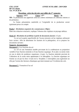 Première page de SVT 4e ML&MC — 2e devoir surveillé, 1er semestre (2019-2020) · CEG AYOU