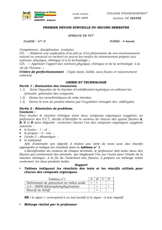 Première page de PCT 1ère D — 1er devoir surveillé, 2e semestre (2021-2022) · CEG SEKERE