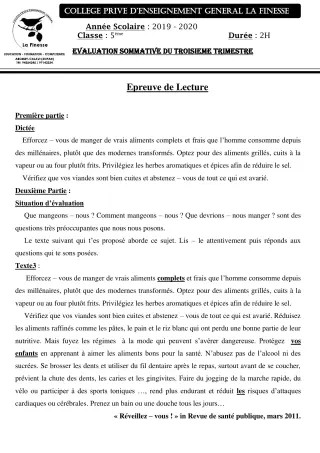 Première page de Français 5e — Évaluation sommative, 3e trimestre (2019-2020) · CPEG La Finesse