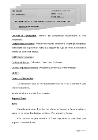 Première page de Philosophie 2nde A2, 2nde B, 2nde C, 2nde D, 1ère A2, 1ère B, 1ère C, 1ère D, Tle A1, Tle A2, Tle B, Tle C, Tle D — 1re évaluation sommative, 2e semestre (2020-2021) · CEG Tankpè