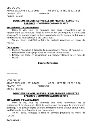 Première page de Français 5e — 2e devoir surveillé, 1er semestre (2019-2020) · CEG du Lac