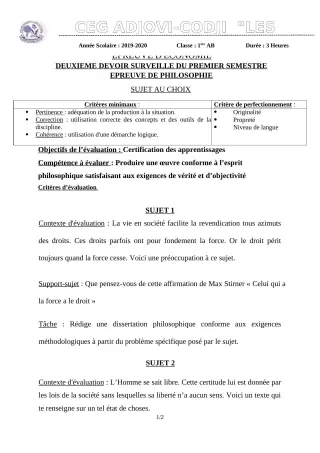 Première page de Philosophie 1ère B — 2e devoir surveillé, 1er semestre (2019-2020) · CEG ADJOVICODJI 'LES OLIVIERS'