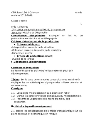 Première page de Histoire-Géographie 4e, 4e ML — 2e devoir surveillé, 1er semestre (2018-2019) · CEG SURU-LERE